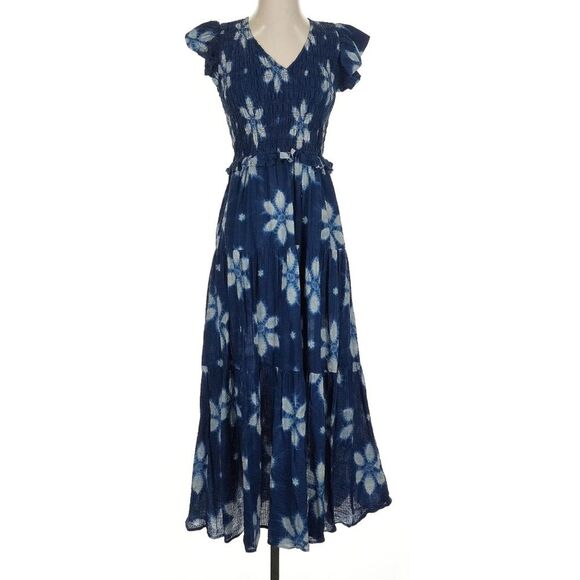 SEA NY Blue Isla Ruffle Sleeves Smocked Cotton Midi Dress Sz 4 - Picture 2 of 6